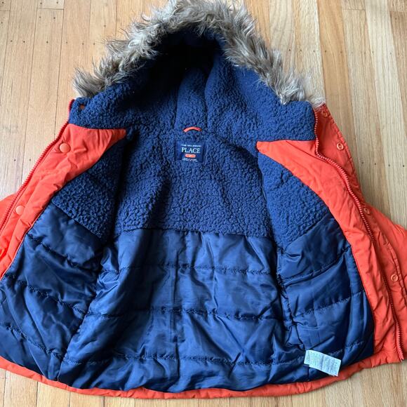 The Children's Place Orange Full Zip Fleece Faux Fur Hooded Puffer Coat Size 3T - Picture 3 of 9